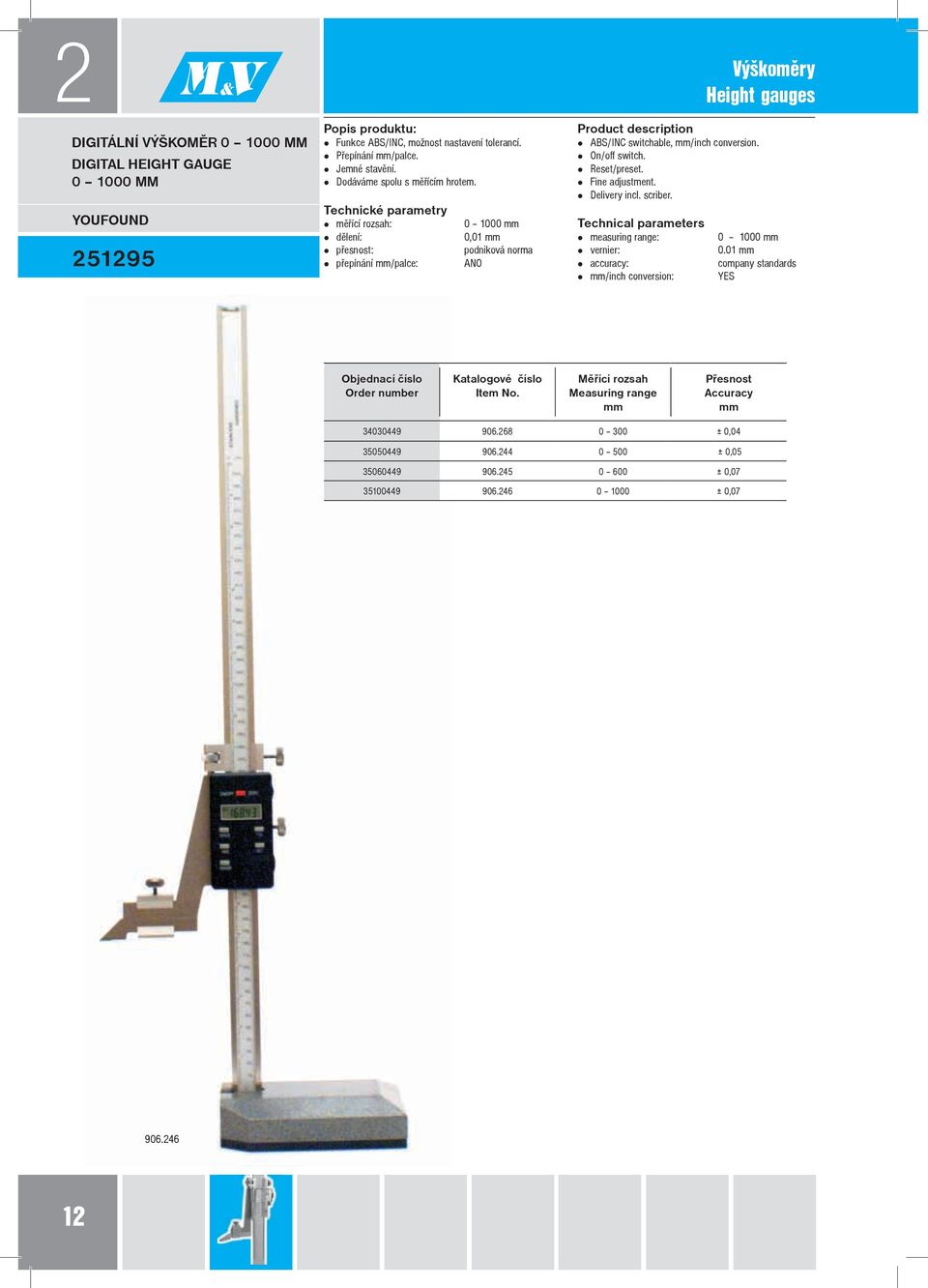 přesnost: přepínání /palce: 0 1000 0,01 podniková norma ANO Výškoměry Height gauges ABS/INC switchable, /inch conversion. On/off switch. Reset/preset.