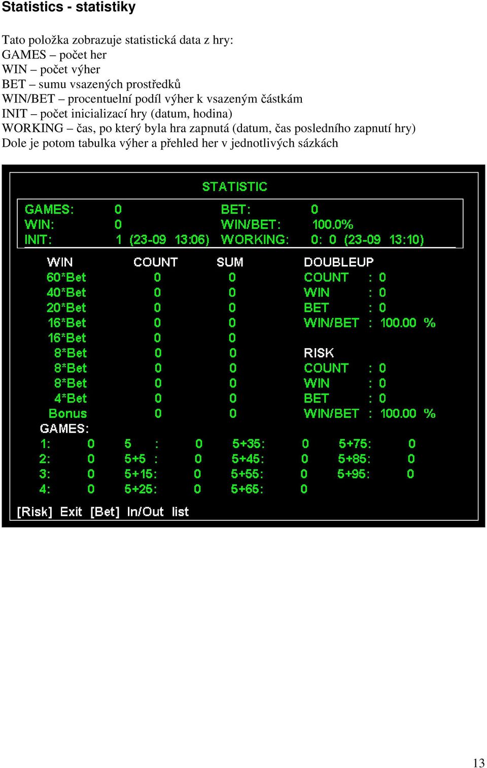 částkám INIT počet inicializací hry (datum, hodina) WORKING čas, po který byla hra zapnutá