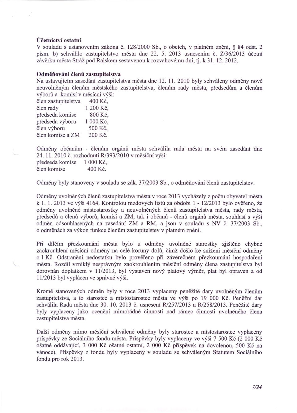 2010 byly schváleny odměny nově neuvolněným členům městského zastupitelstva, členům rady města, předsedům a členům výborů a komisí v měsíční výši: člen zastupitelstva 400 Kč, člen rady 1 200 Kč,