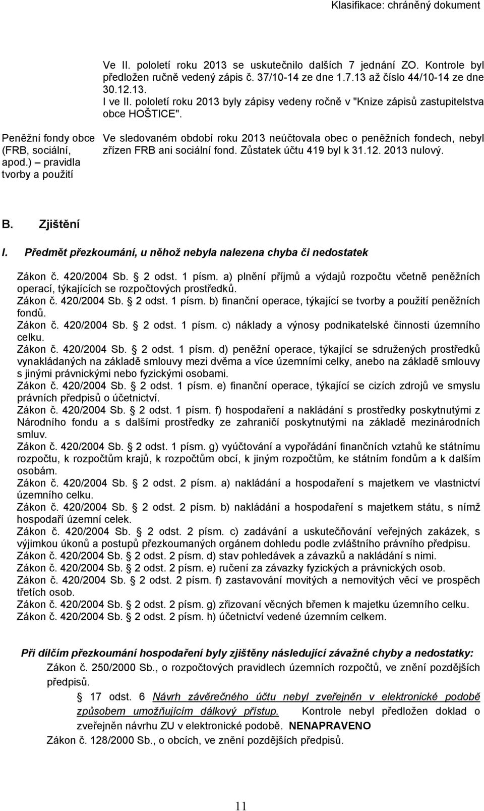 ) pravidla tvorby a použití Ve sledovaném období roku 2013 neúčtovala obec o peněžních fondech, nebyl zřízen FRB ani sociální fond. Zůstatek účtu 419 byl k 31.12. 2013 nulový. B. Zjištění I.