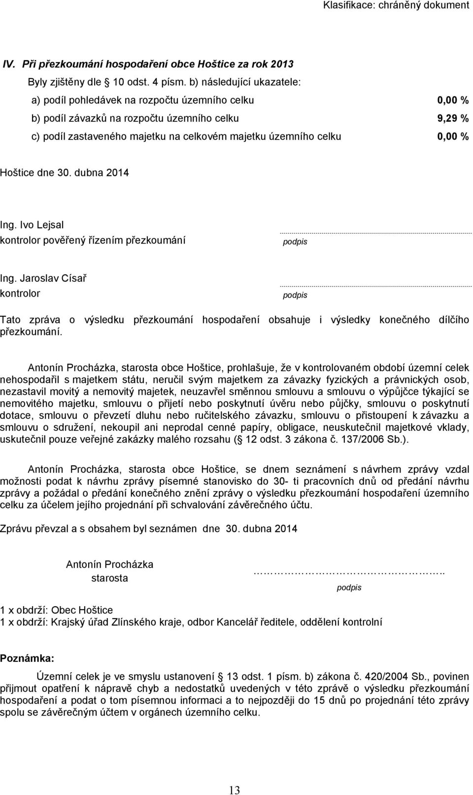 % Hoštice dne 30. dubna 2014 Ing. Ivo Lejsal kontrolor pověřený řízením přezkoumání podpis Ing.