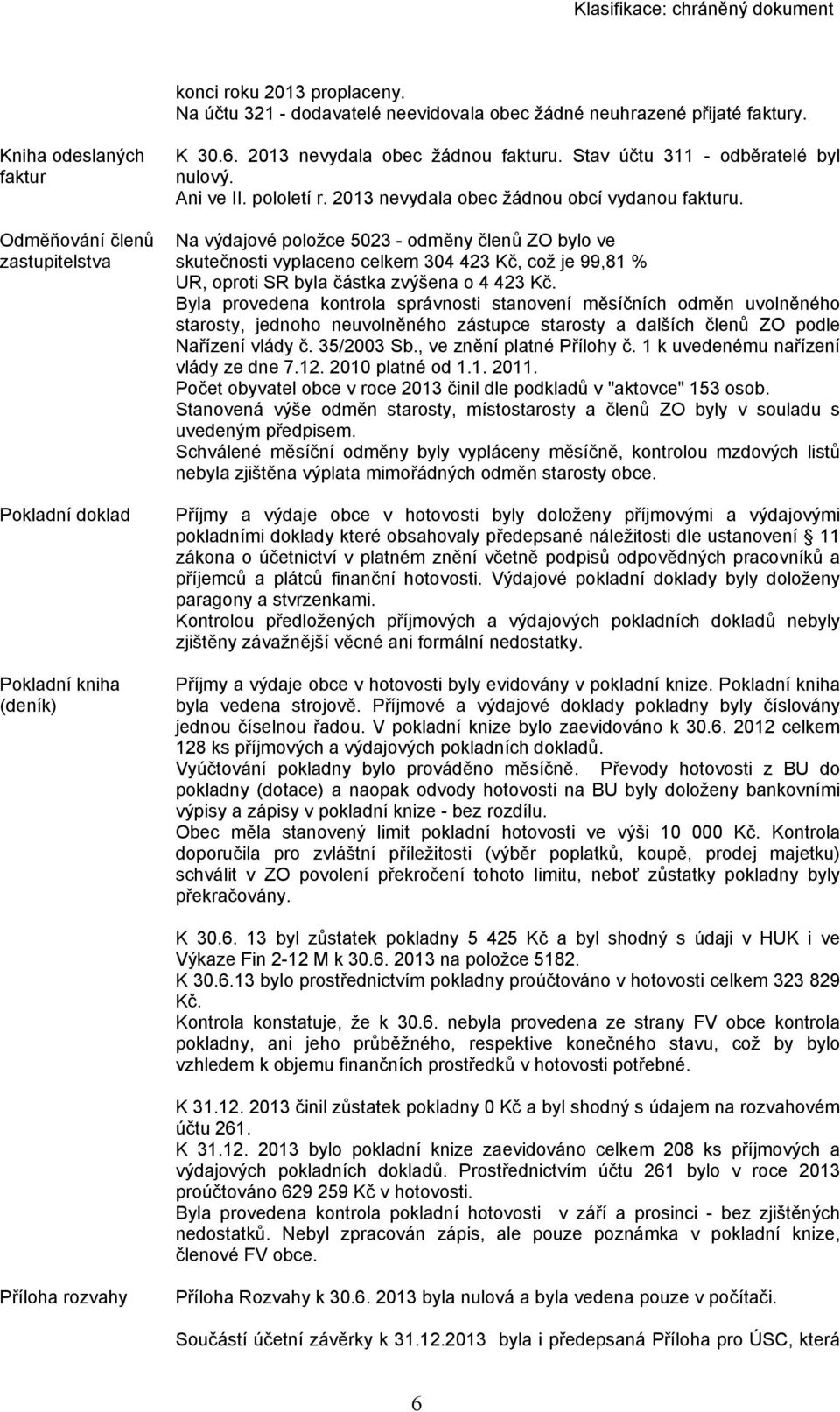 2013 nevydala obec žádnou obcí vydanou fakturu. Na výdajové položce 5023 - odměny členů ZO bylo ve skutečnosti vyplaceno celkem 304 423 Kč, což je 99,81 % UR, oproti SR byla částka zvýšena o 4 423 Kč.