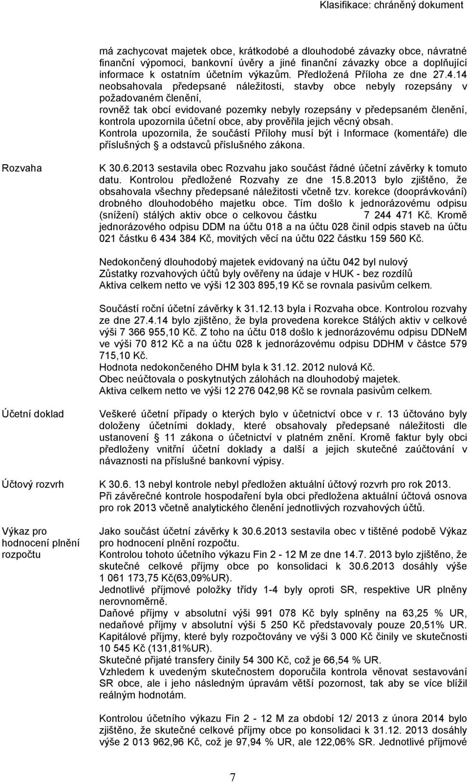 14 neobsahovala předepsané náležitosti, stavby obce nebyly rozepsány v požadovaném členění, rovněž tak obcí evidované pozemky nebyly rozepsány v předepsaném členění, kontrola upozornila účetní obce,