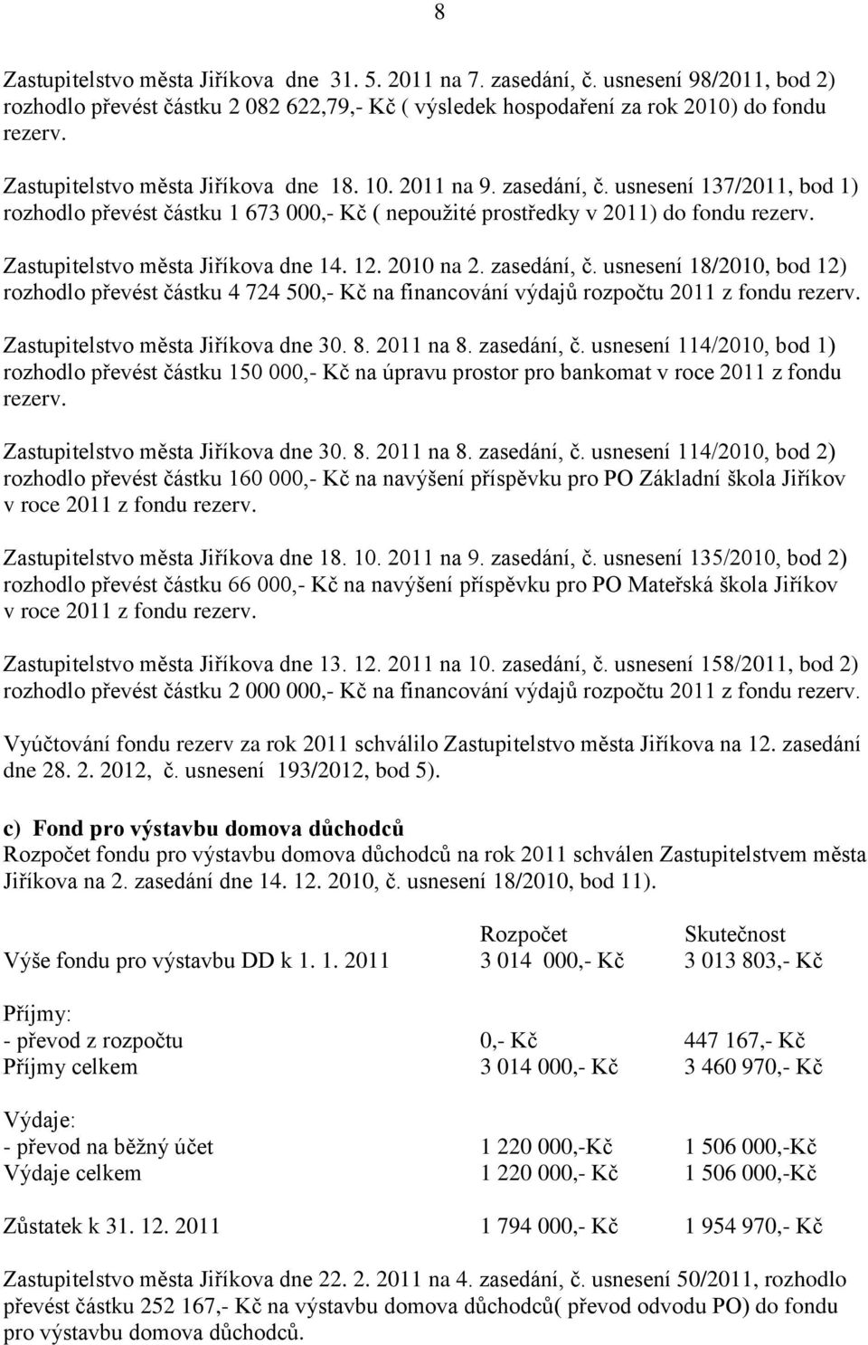 Zastupitelstvo města Jiříkova dne 14. 12. 2010 na 2. zasedání, č. usnesení 18/2010, bod 12) rozhodlo převést částku 4 724 500,- Kč na financování výdajů rozpočtu 2011 z fondu rezerv.