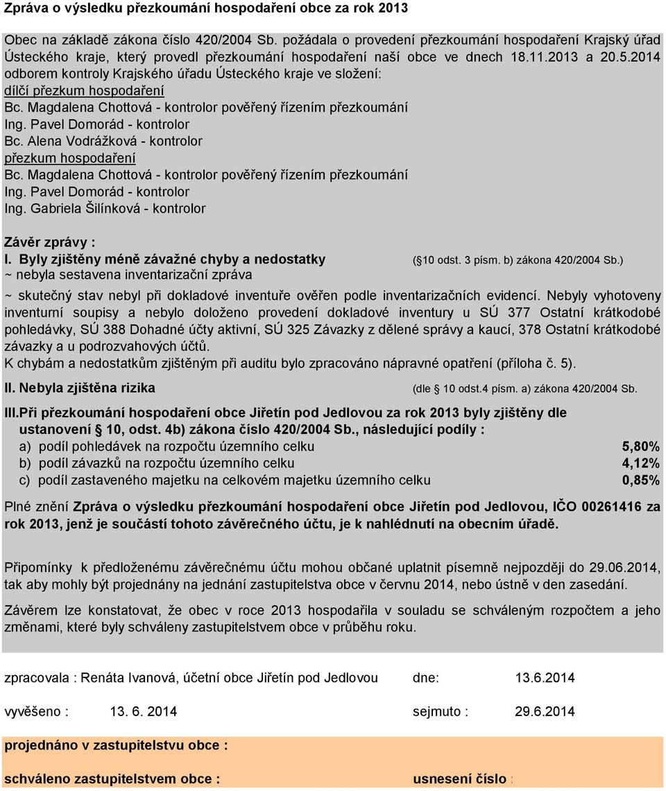 2014 odborem kontroly Krajského úřadu Ústeckého kraje ve složení: dílčí přezkum hospodaření Bc. Magdalena Chottová - kontrolor pověřený řízením přezkoumání Ing. Pavel Domorád - kontrolor Bc.