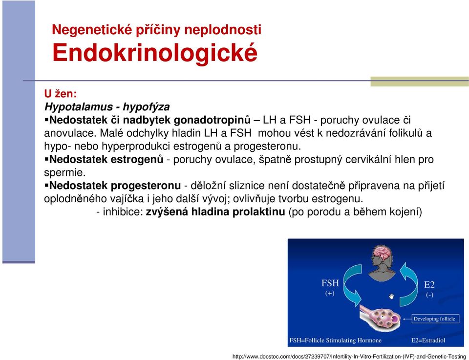 Nedostatek estrogenů - poruchy ovulace, špatně prostupný cervikální hlen pro spermie.