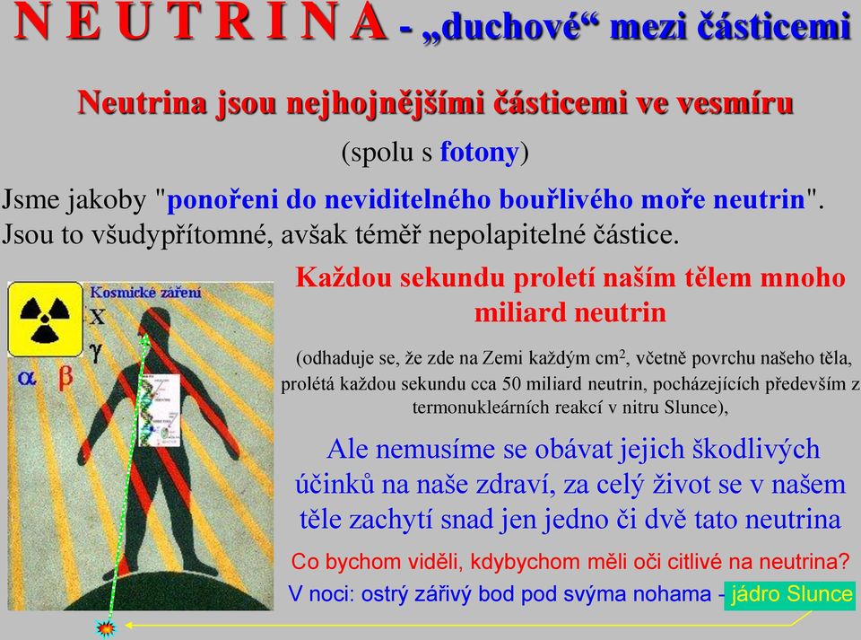 Každou sekundu proletí naším tělem mnoho miliard neutrin (odhaduje se, že zde na Zemi každým cm 2, včetně povrchu našeho těla, prolétá každou sekundu cca 50 miliard neutrin,