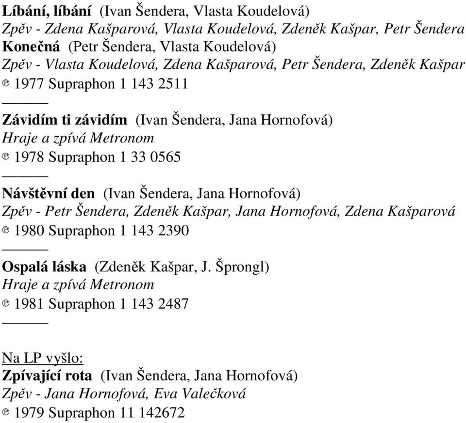 1978 Supraphon 1 33 0565 Návštěvní den (Ivan Šendera, Jana Hornofová), Zdeněk Kašpar, Jana Hornofová, Zdena Kašparová 1980 Supraphon 1 143 2390 Ospalá láska (Zdeněk