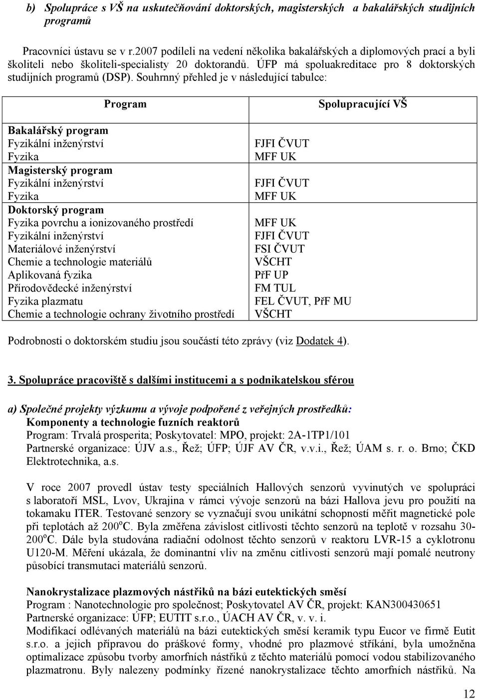 Souhrnný přehled je v následující tabulce: Program Bakalářský program Fyzikální inženýrství Fyzika Magisterský program Fyzikální inženýrství Fyzika Doktorský program Fyzika povrchu a ionizovaného