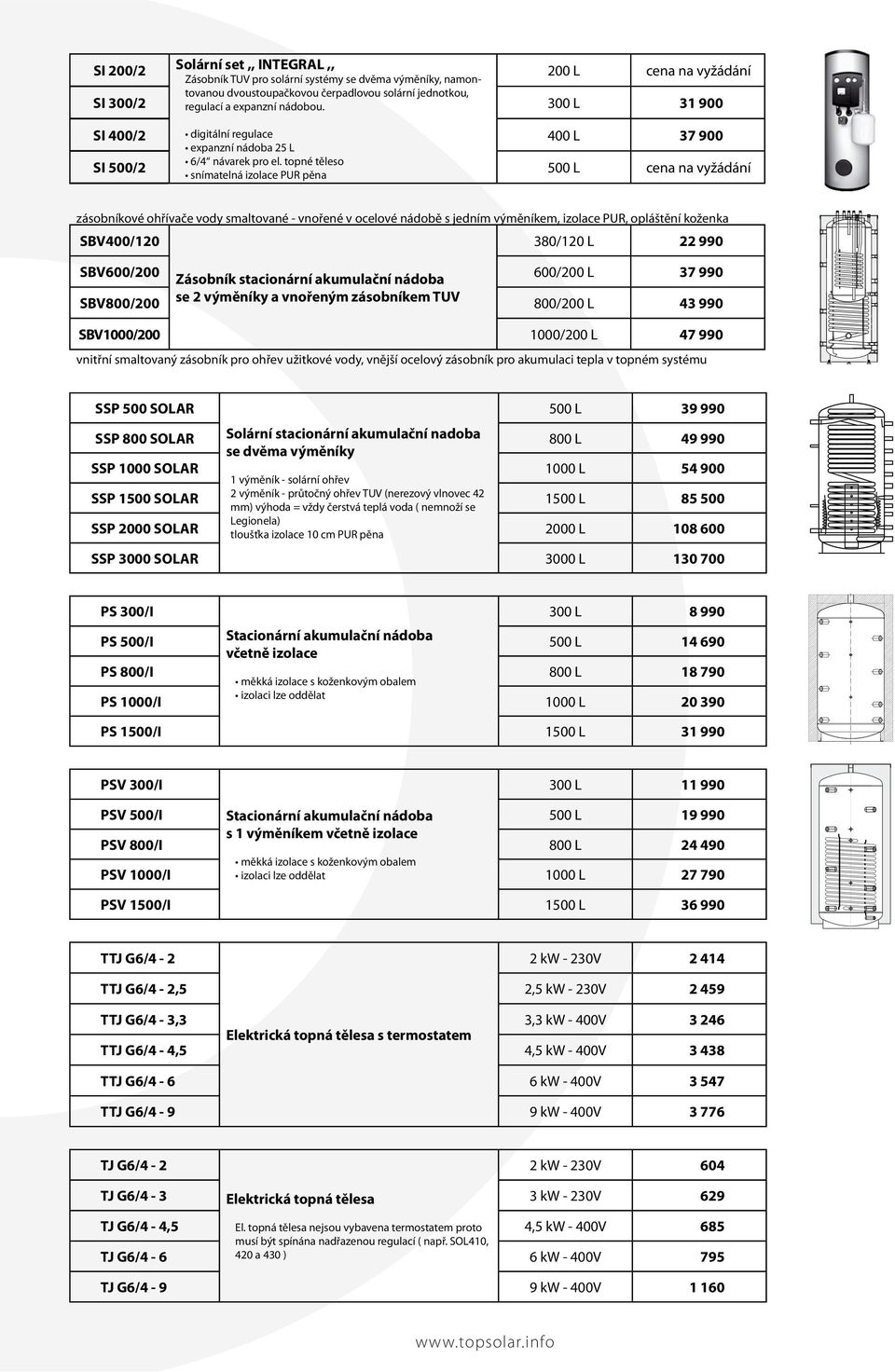 300 L 31 900 SI 400/2 400 L 37 900 SI 500/2 500 L cena na vyžádání zásobníkové ohřívače vody smaltované - vnořené v ocelové nádobě s jedním výměníkem, izolace PUR, opláštění koženka SBV400/120