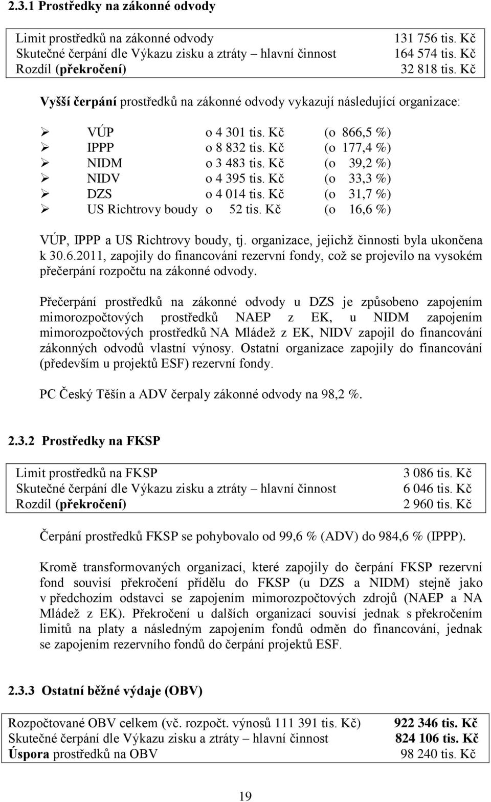 Kč (o 33,3 %) DZS o 4 014 tis. Kč (o 31,7 %) US Richtrovy boudy o 52 tis. Kč (o 16,6 %) VÚP, IPPP a US Richtrovy boudy, tj. organizace, jejichž činnosti byla ukončena k 30.6.2011, zapojily do financování rezervní fondy, což se projevilo na vysokém přečerpání rozpočtu na zákonné odvody.