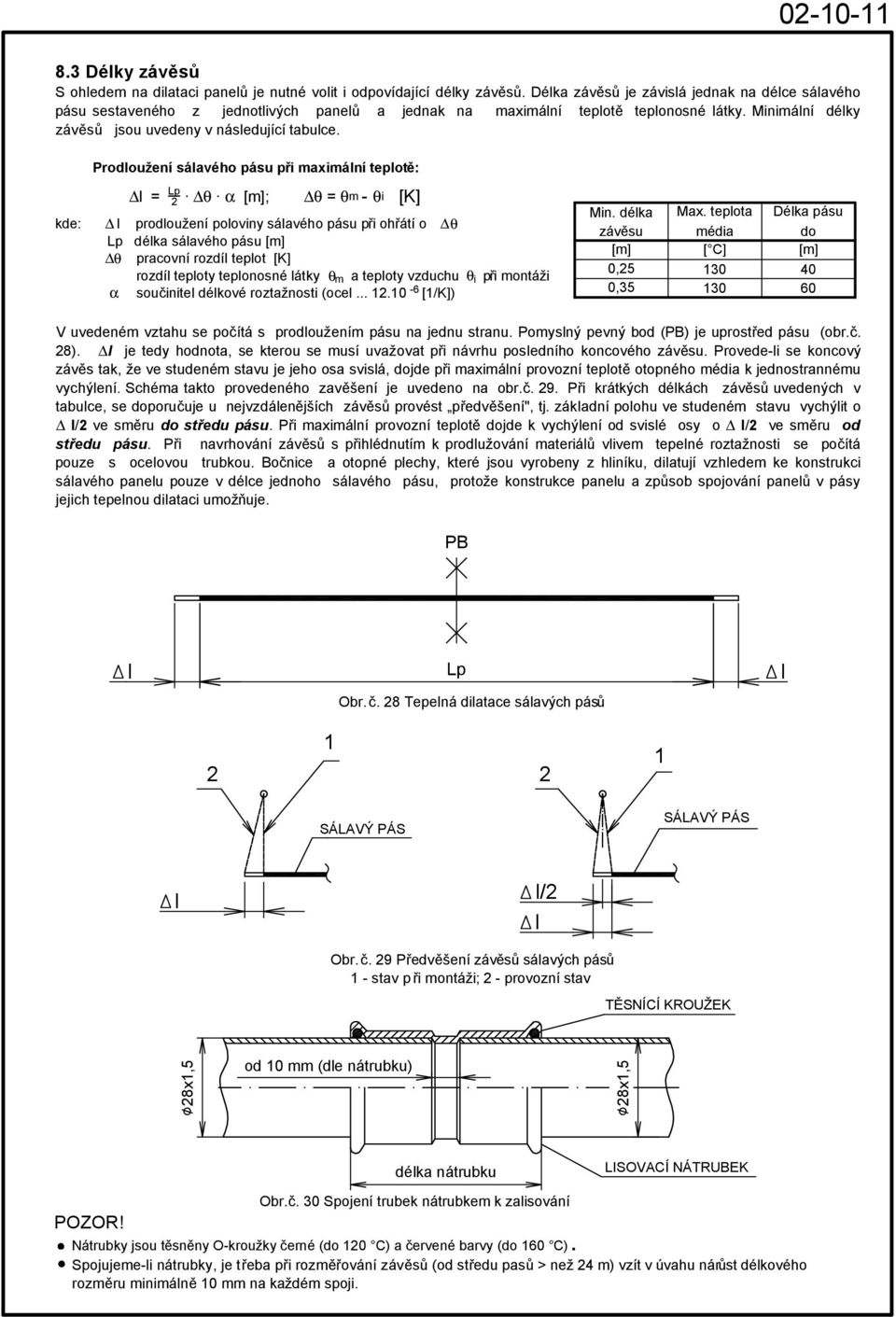 Prodloužení sálavého pásu při maximální teplotě: l = Lp α [m]; = m - i [K] kde: l prodloužení poloviny sálavého pásu při ohřátí o Lp délka sálavého pásu [m] pracovní rozdíl teplot [K] rozdíl teploty