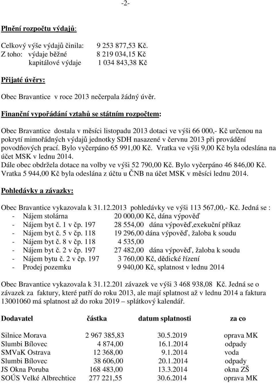 Finanční vypořádání vztahů se státním rozpočtem: Obec Bravantice dostala v měsíci listopadu 2013 dotaci ve výši 66 000,- Kč určenou na pokrytí mimořádných výdajů jednotky SDH nasazené v červnu 2013