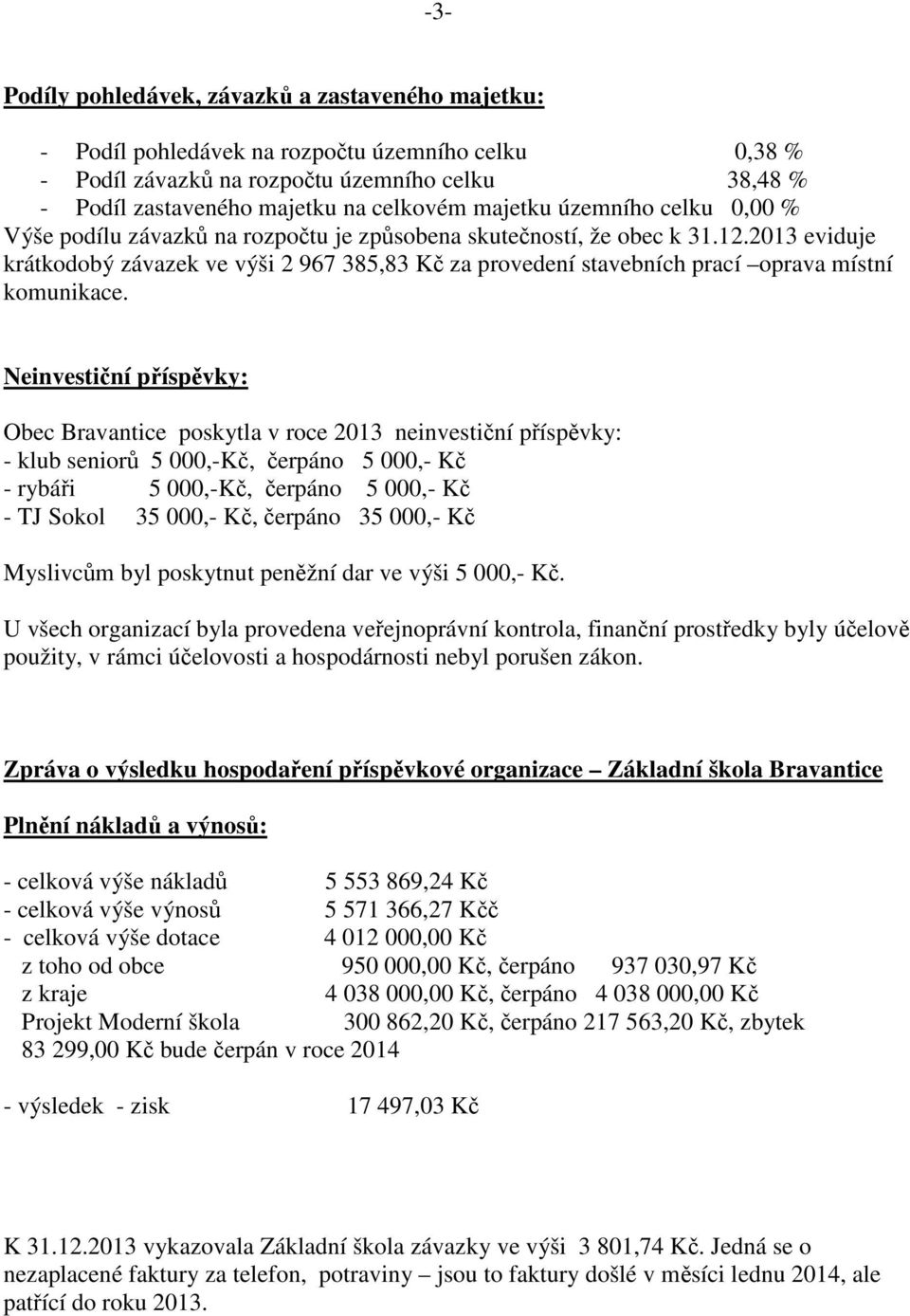 2013 eviduje krátkodobý závazek ve výši 2 967 385,83 Kč za provedení stavebních prací oprava místní komunikace.