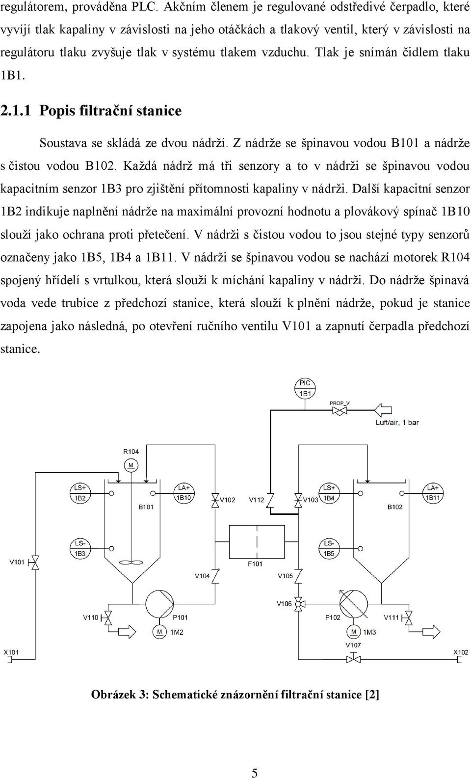 vzduchu. Tlak je snímán čidlem tlaku 1B1. 2.1.1 Popis filtrační stanice Soustava se skládá ze dvou nádrží. Z nádrže se špinavou vodou B101 a nádrže s čistou vodou B102.