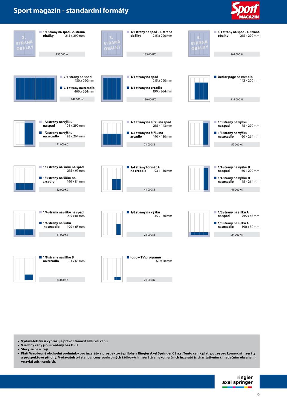 strana obálky 215 x 290 mm 165 000 Kč 2/1 strany na spad 430 x 290 mm 1/1 strany na spad 215 x 290 mm Junior page na zrcadlo 142 x 200 mm 2/1 strany na zrcadlo 400 x 264 mm 1/1 strany na zrcadlo 190