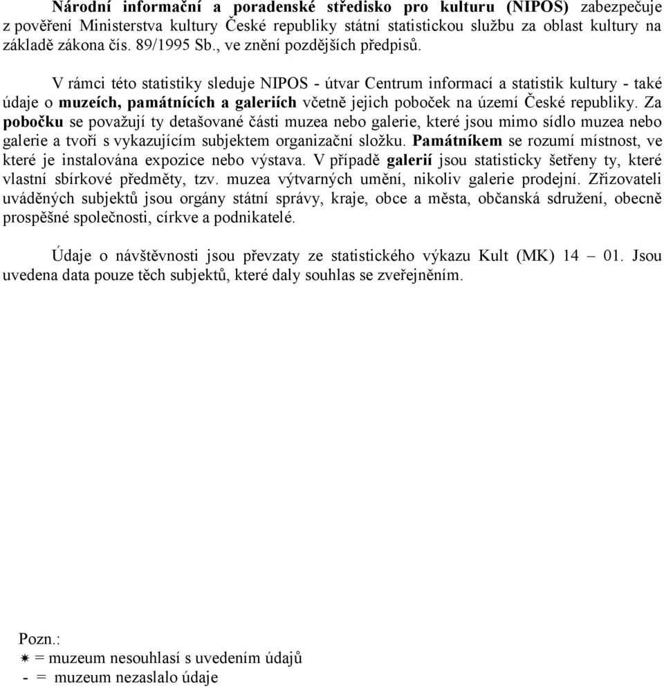 V rámci této statistiky sleduje NIPOS - útvar Centrum informací a statistik kultury - také údaje o muzeích, památnících a galeriích včetně jejich poboček na území České republiky.