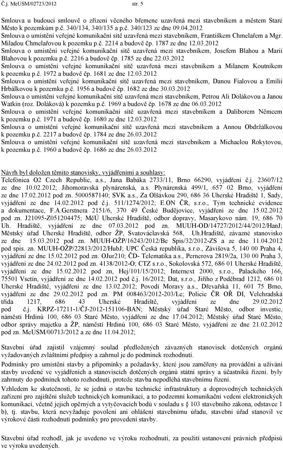 2012 Smlouva o umístění veřejné komunikační sítě uzavřená mezi stavebníkem, Josefem Blahou a Marií Blahovou k pozemku p.č. 2216 a budově čp. 1785 ze dne 22.03.