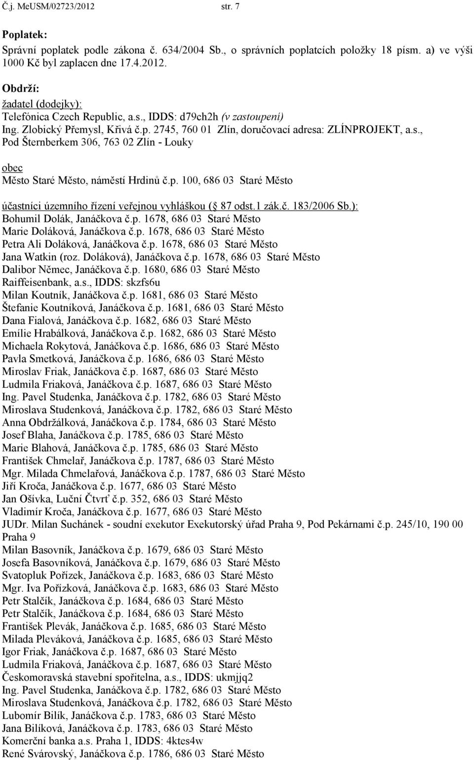 p. 100, 686 03 Staré Město účastníci územního řízení veřejnou vyhláškou ( 87 odst.1 zák.č. 183/2006 Sb.): Bohumil Dolák, Janáčkova č.p. 1678, 686 03 Staré Město Marie Doláková, Janáčkova č.p. 1678, 686 03 Staré Město Petra Ali Doláková, Janáčkova č.