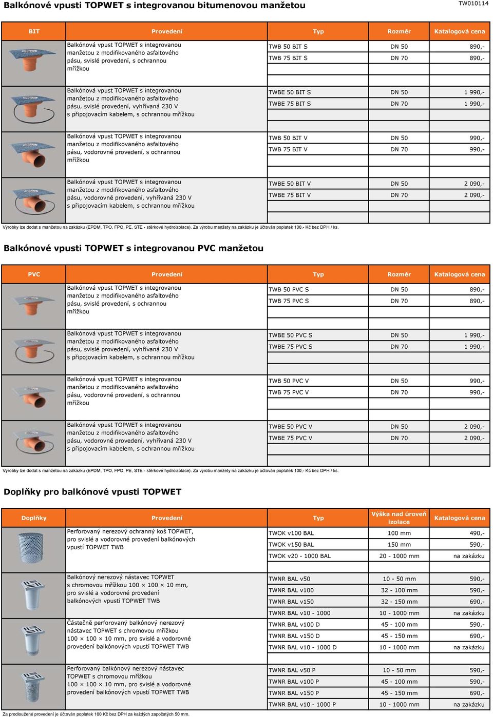 TWB 75 BIT V DN 70 990,- pásu, vodorovné provedení, vyhřívaná 230 V s připojovacím kabelem, s ochrannou mřížkou TWBE 50 BIT V DN 50 2 090,- TWBE 75 BIT V DN 70 2 090,- Balkónové vpusti TOPWET s