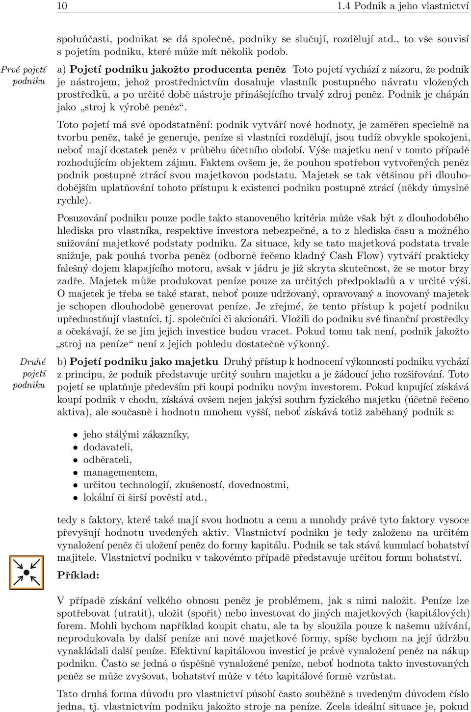 a) Pojetí podniku jakožto producenta peněz Toto pojetí vychází z názoru, že podnik je nástrojem, jehož prostřednictvím dosahuje vlastník postupného návratu vložených prostředků, a po určité době