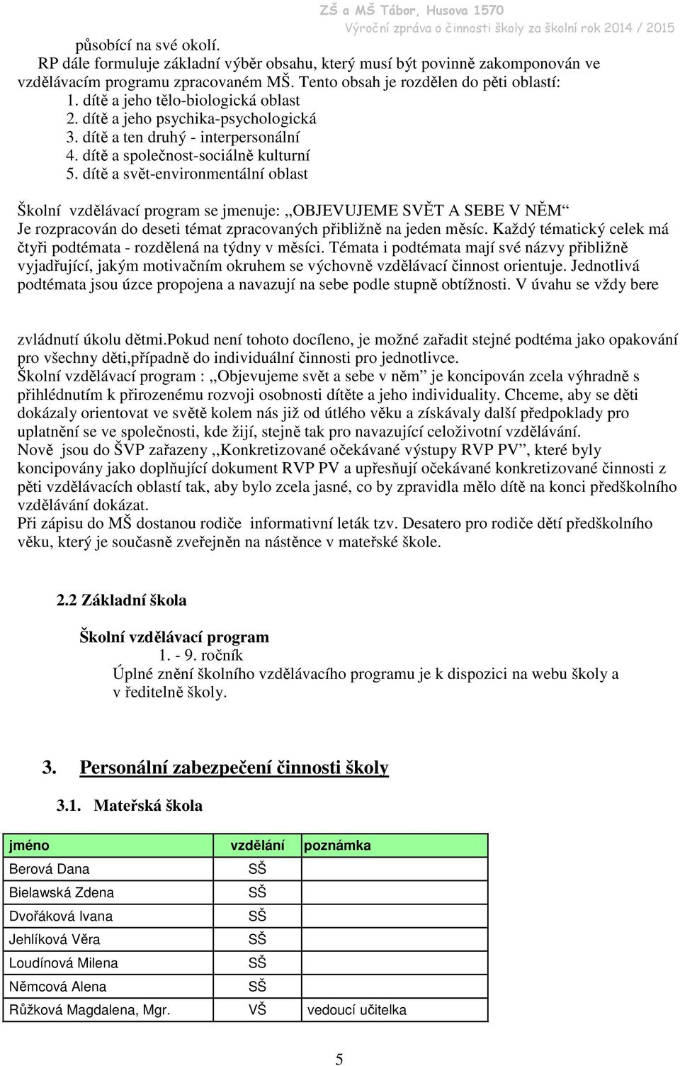 dítě a svět-environmentální oblast Školní vzdělávací program se jmenuje:,,objevujeme SVĚT A SEBE V NĚM Je rozpracován do deseti témat zpracovaných přibližně na jeden měsíc.