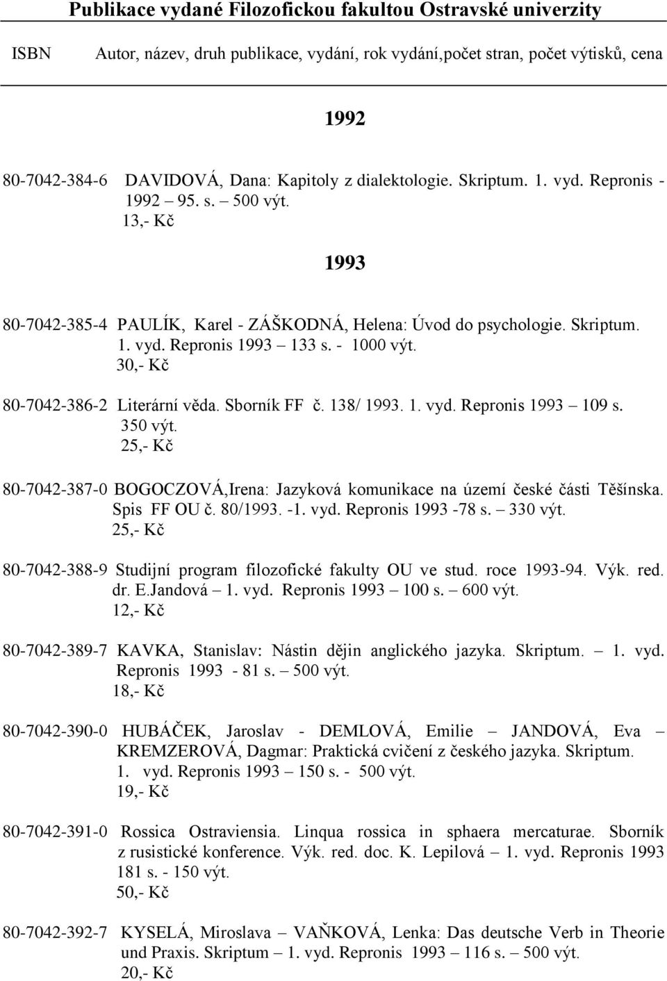 30,- Kč 80-7042-386-2 Literární věda. Sborník FF č. 138/ 1993. 1. vyd. Repronis 1993 109 s. 350 výt. 25,- Kč 80-7042-387-0 BOGOCZOVÁ,Irena: Jazyková komunikace na území české části Těšínska.