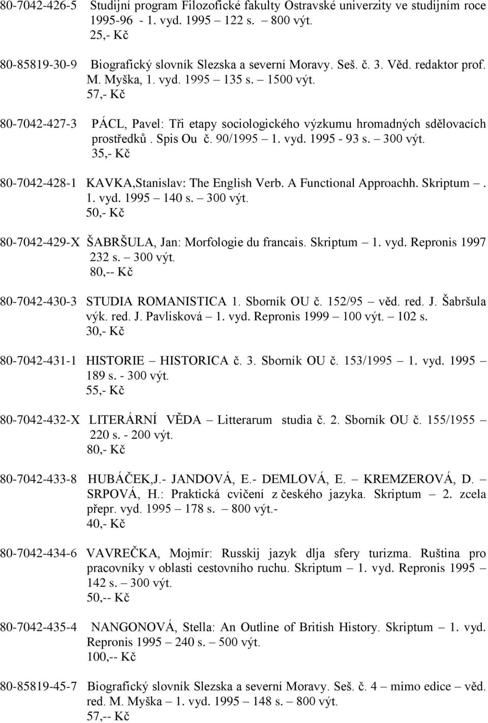 300 výt. 35,- Kč 80-7042-428-1 KAVKA,Stanislav: The English Verb. A Functional Approachh. Skriptum. 1. vyd. 1995 140 s. 300 výt. 80-7042-429-X ŠABRŠULA, Jan: Morfologie du francais. Skriptum 1. vyd. Repronis 1997 232 s.