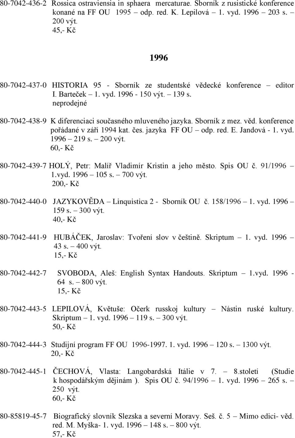 Sborník z mez. věd. konference pořádané v září 1994 kat. čes. jazyka FF OU odp. red. E. Jandová - 1. vyd. 1996 219 s. 200 výt. 80-7042-439-7 HOLÝ, Petr: Malíř Vladimír Kristin a jeho město. Spis OU č.