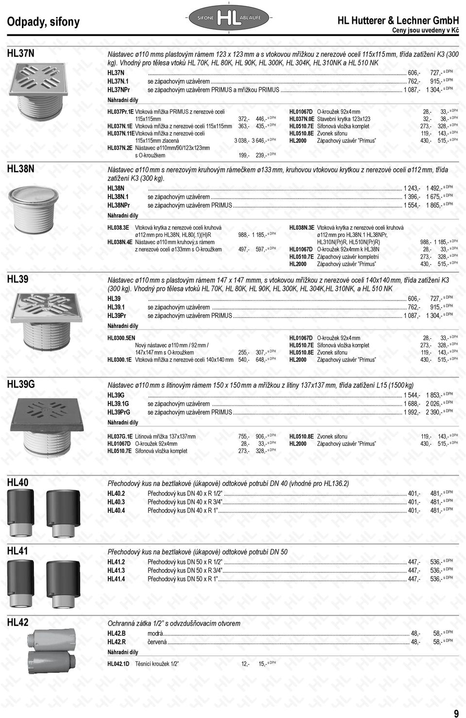 .. 762,- 915,- HL37NPr se zápachovým uzávěrem PRIMUS a mřížkou PRIMUS... 1 087,- 1 304,- HL38N HL39 HL037Pr.1E Vtoková mřížka PRIMUS z nerezové oceli 115x115mm 372,- 446,- HL037N.