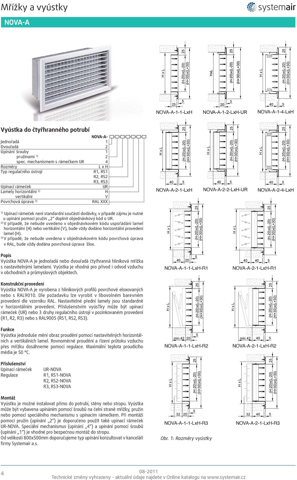 NOVA-A-1-1-LxH NOVA-A-1-2-LxH-UR NOVA-A-1-4-LxH NOVA-A-2-1-LxH NOVA-A-2-2-LxH-UR 2 40 NOVA-A-2-4-LxH 1) Upínací rámeček není standardní součástí dodávky, v případě zájmu je nutné u upínání pomocí