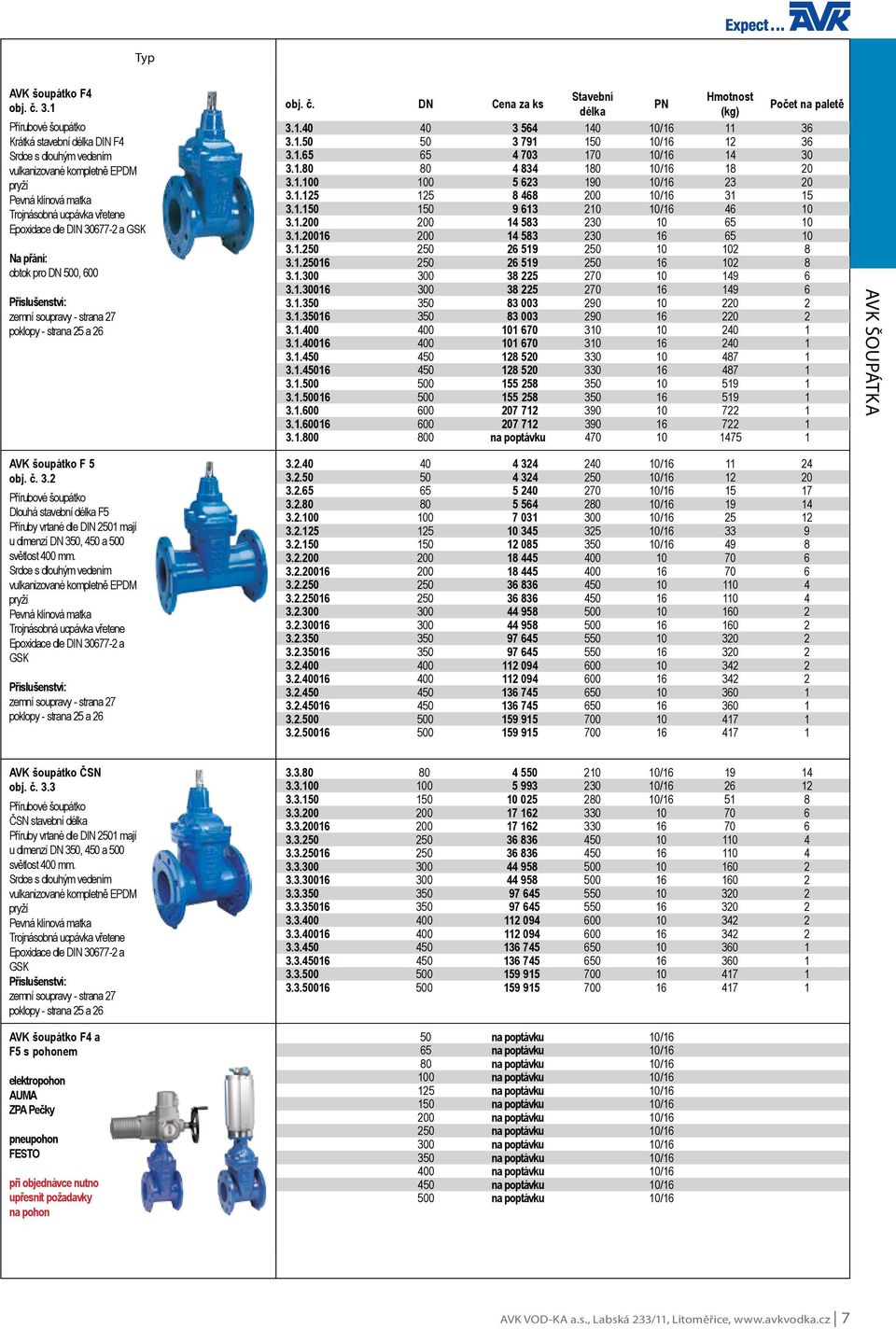 obtok pro DN 500, 600 zemní soupravy - strana 27 poklopy - strana 25 a 26 AVK šoupátko F 5 obj. č. 3.