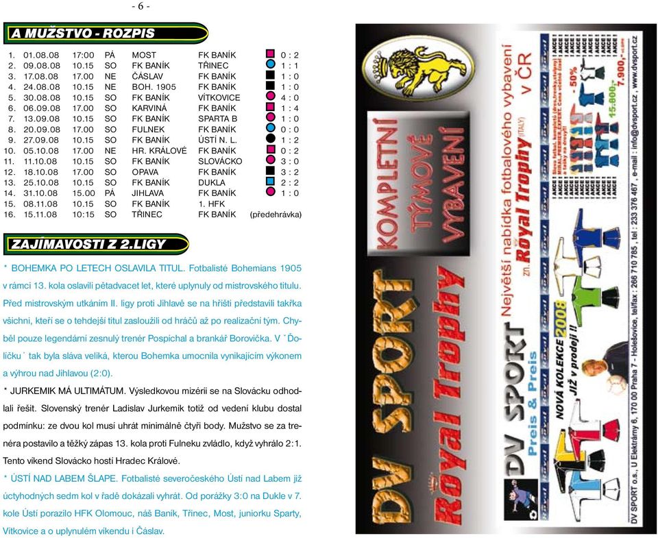 L. 1 : 2 10. 05.10.08 17.00 NE HR. KRÁLOVÉ FK BANÍK 0 : 2 11. 11.10.08 10.15 SO FK BANÍK SLOVÁCKO 3 : 0 12. 18.10.08 17.00 SO OPAVA FK BANÍK 3 : 2 13. 25.10.08 10.15 SO FK BANÍK DUKLA 2 : 2 14. 31.10.08 15.