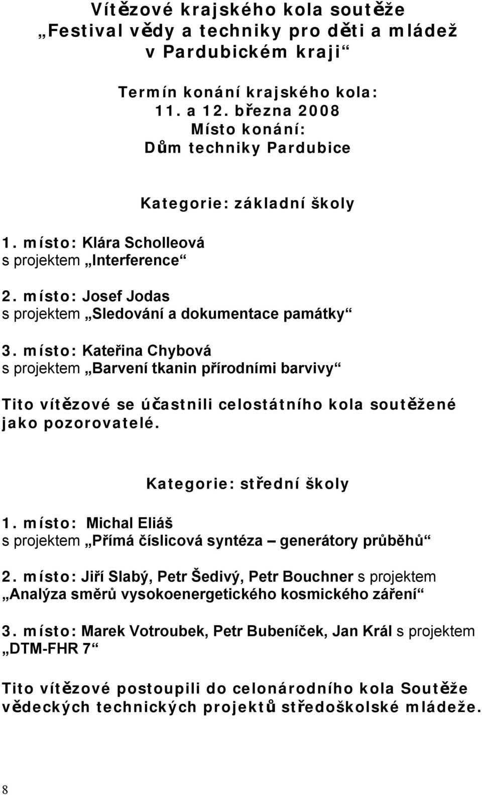 místo: Kateřina Chybová s projektem Barvení tkanin přírodními barvivy Tito vítězové se účastnili celostátního kola soutěžené jako pozorovatelé. Kategorie: střední školy 1.