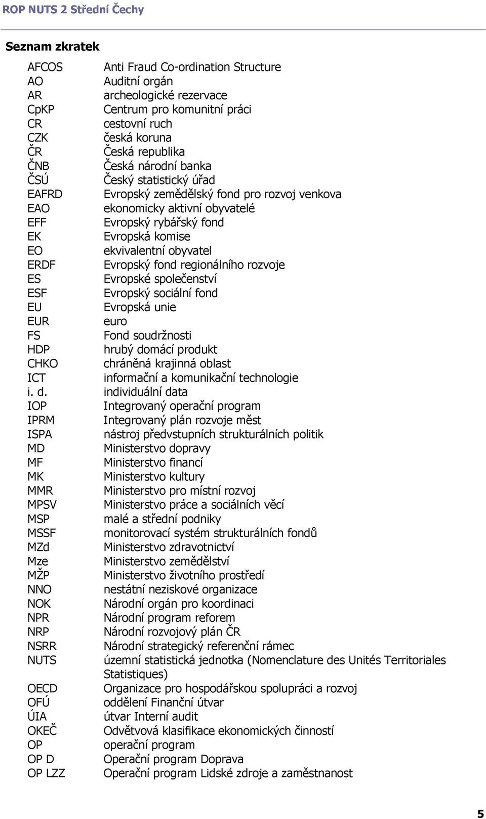Evropský fond regionálního rozvoje ES Evropské společenství ESF Evropský sociální fond EU Evropská unie EUR euro FS HDP Fond soudržnosti hrubý domácí produkt CHKO chráněná krajinná oblast ICT