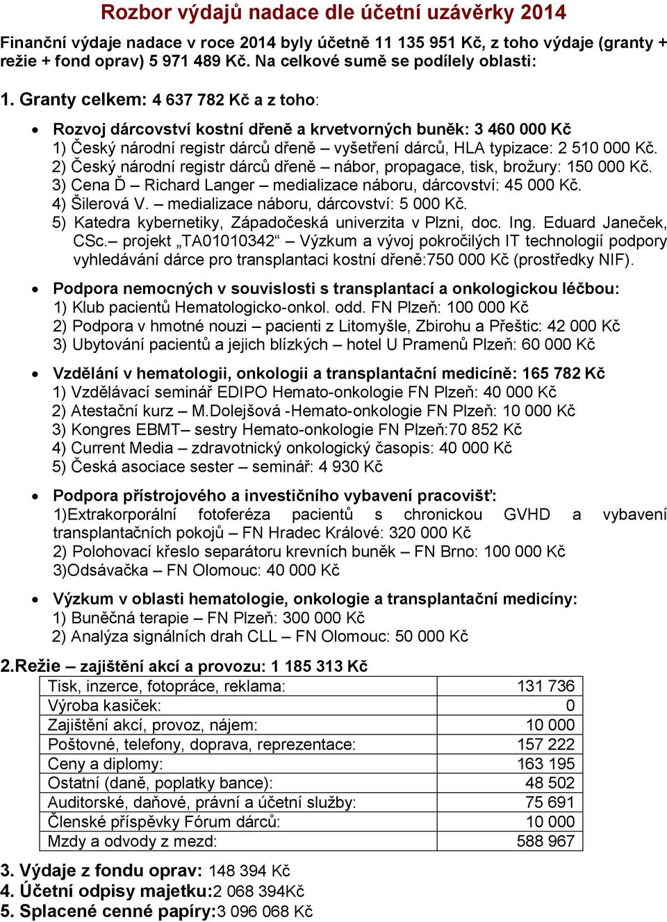 Granty celkem: 4 637 782 Kč a z toho: Rozvoj dárcovství kostní dřeně a krvetvorných buněk: 3 460 000 Kč 1) Český národní registr dárců dřeně vyšetření dárců, HLA typizace: 2 510 000 Kč.