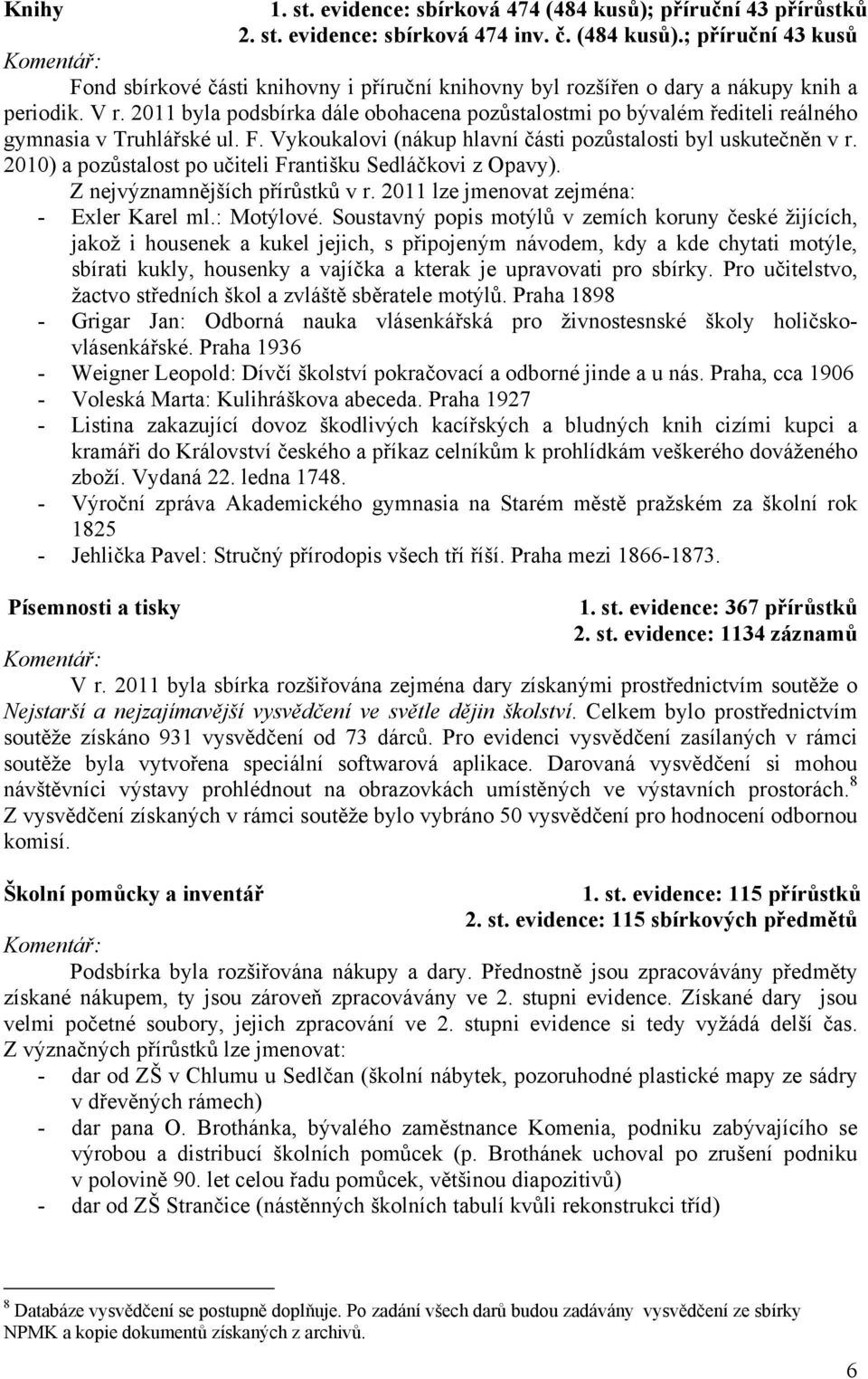 2010) a pozůstalost po učiteli Františku Sedláčkovi z Opavy). Z nejvýznamnějších přírůstků v r. 2011 lze jmenovat zejména: - Exler Karel ml.: Motýlové.