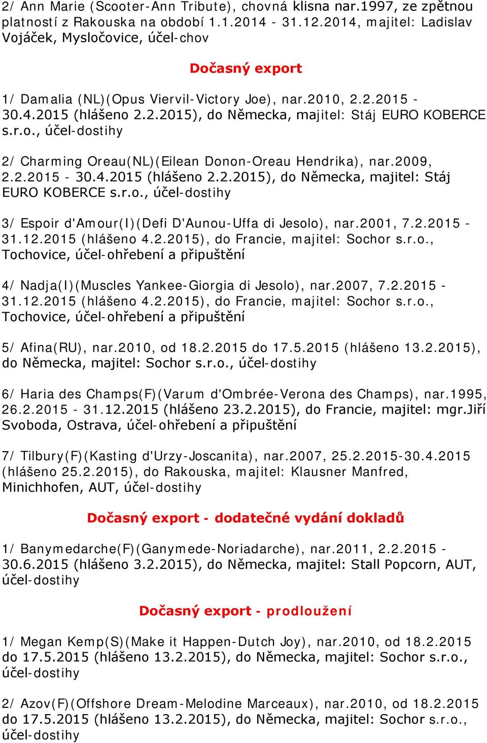 r.o., účel-dostihy 2/ Charming Oreau(NL)(Eilean Donon-Oreau Hendrika), nar.2009, 2.2.2015-30.4.2015 (hlášeno 2.2.2015), do Německa, majitel: Stáj EURO KOBERCE s.r.o., účel-dostihy 3/ Espoir d'amour(i)(defi D'Aunou-Uffa di Jesolo), nar.