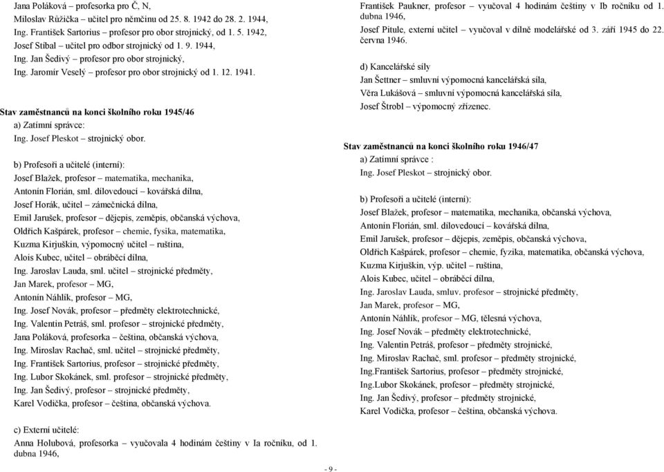 Stav zaměstnanců na konci školního roku 1945/46 a) Zatímní správce: Ing. Josef Pleskot strojnický obor.