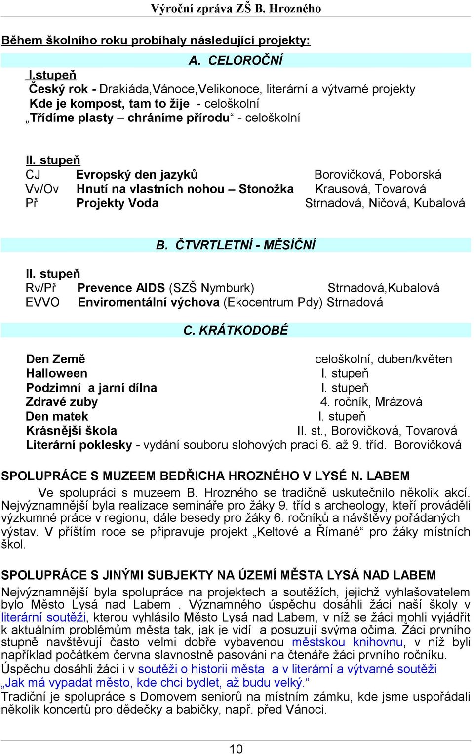 stupeň CJ Evropský den jazyků Borovičková, Poborská Vv/Ov Hnutí na vlastních nohou Stonožka Krausová, Tovarová Př Projekty Voda Strnadová, Ničová, Kubalová B. ČTVRTLETNÍ - MĚSÍČNÍ II.