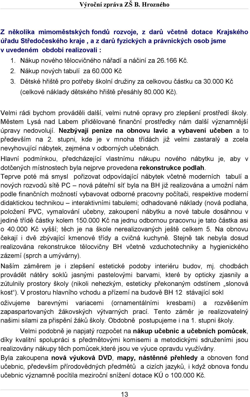 Kč). Velmi rádi bychom prováděli další, velmi nutné opravy pro zlepšení prostředí školy. Městem Lysá nad Labem přidělované finanční prostředky nám další významnější úpravy nedovolují.