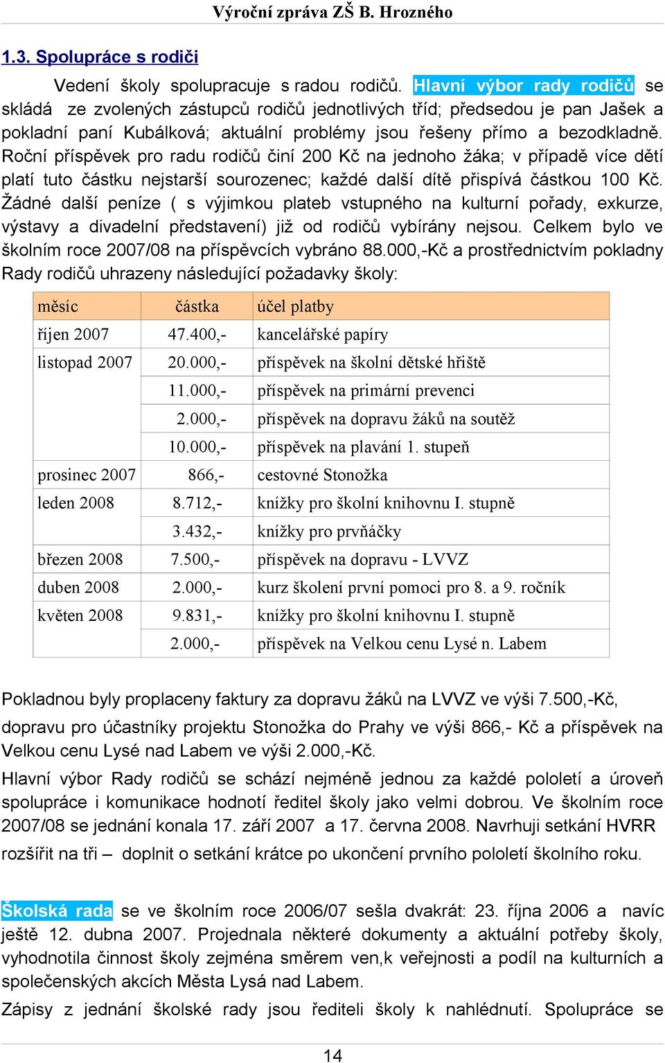 Roční příspěvek pro radu rodičů činí Kč na jednoho žáka; v případě více dětí platí tuto částku nejstarší sourozenec; každé další dítě přispívá částkou Kč.