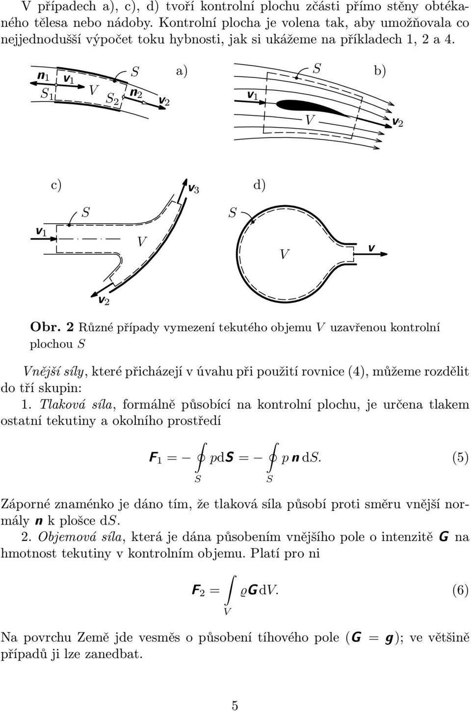 Různé případy vymezení tekutého objemu V uzavřenou kontrolní plochou S Vnější síly, které přicházejí v úvahu při použití rovnice(4), můžeme rozdělit do tří skupin: 1.