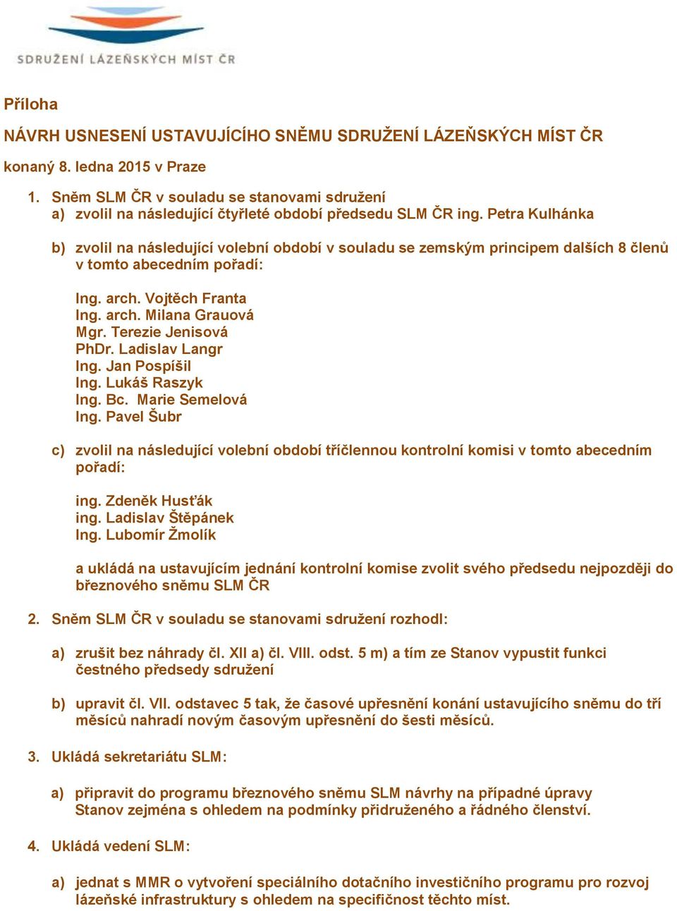 Petra Kulhánka b) zvolil na následující volební období v souladu se zemským principem dalších 8 členů v tomto abecedním pořadí: Ing. arch. Vojtěch Franta Ing. arch. Milana Grauová Mgr.