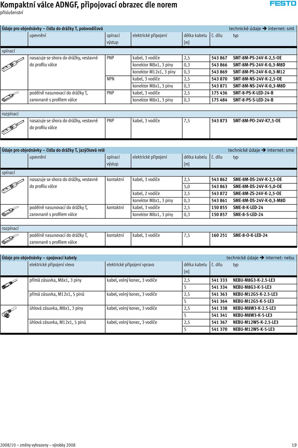 konektor M12x1, 3 piny 0,3 543 869 SMT-8M-PS-24V-K-0,3-M12 NPN kabel, 3 vodiče 2,5 543 870 SMT-8M-NS-24V-K-2,5-OE konektor M8x1, 3 piny 0,3 543 871 SMT-8M-NS-24V-K-0,3-M8D podélně nasunovací do