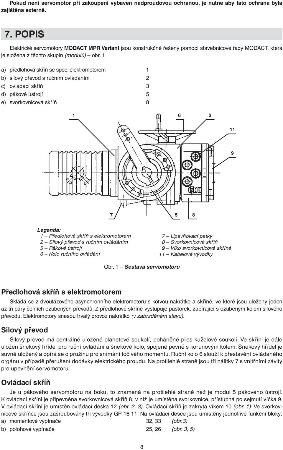 elektromotorem 1 b) silový převod s ručním ovládáním 2 c) ovládací skříň 3 d) pákové ústrojí 5 e) svorkovnicová skříň 8 1 6 2 11 9 7 5 8 Legenda: 01 Předlohová skříň s elektromotorem 02 Silový převod