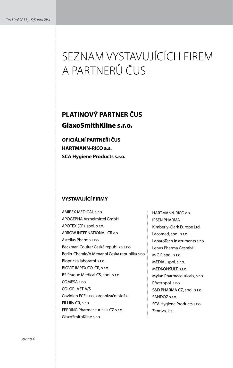 r.o. BIOVIT IMPEX CO. ČR, s.r.o. BS Prague Medical CS, spol. s r.o. COMESA s.r.o. COLOPLAST A/S Covidien ECE s.r.o., organizační složka Eli Lilly ČR, s.r.o. FERRING Pharmaceuticals CZ s.r.o. GlaxoSmithKline s.