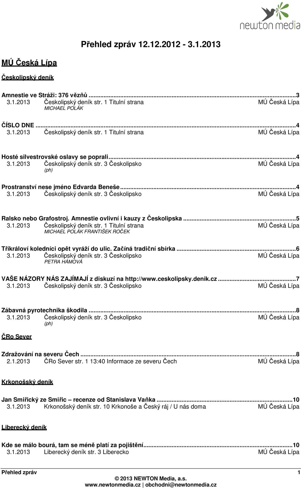 .. 4 3.1.2013 Českolipský deník str. 3 Českolipsko MÚ Česká Lípa Ralsko nebo Grafostroj. Amnestie ovlivní i kauzy z Českolipska... 5 3.1.2013 Českolipský deník str. 1 Titulní strana MÚ Česká Lípa MICHAEL POLÁK FRANTIŠEK ROČEK Tříkráloví koledníci opět vyráží do ulic.
