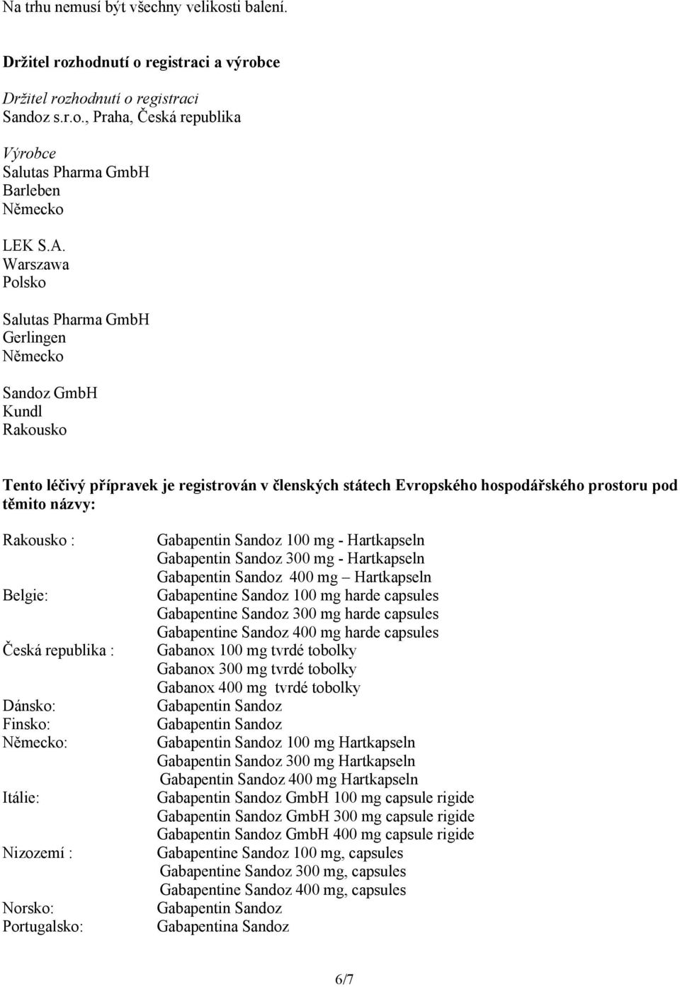 Rakousko : Belgie: Česká republika : Dánsko: Finsko: Německo: Itálie: Nizozemí : Norsko: Portugalsko: 100 mg - Hartkapseln 300 mg - Hartkapseln 400 mg Hartkapseln Gabapentine Sandoz 100 mg harde