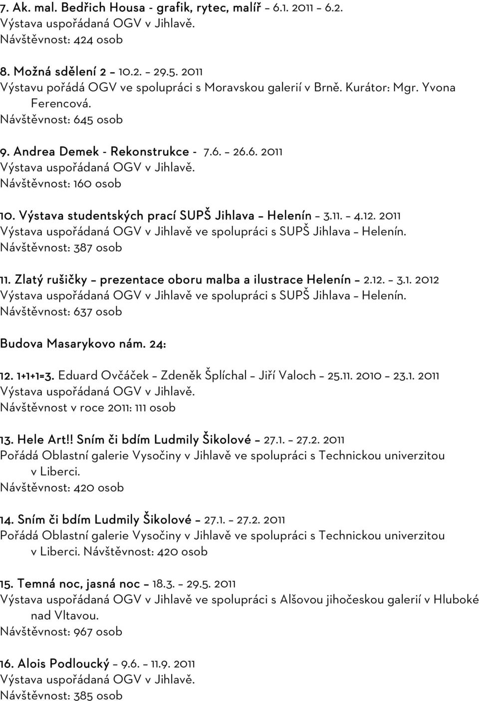 Návštěvnost: 160 osob 10. Výstava studentských prací SUPŠ Jihlava Helenín 3.11. 4.12. 2011 Výstava uspořádaná OGV v Jihlavě ve spolupráci s SUPŠ Jihlava Helenín. Návštěvnost: 387 osob 11.